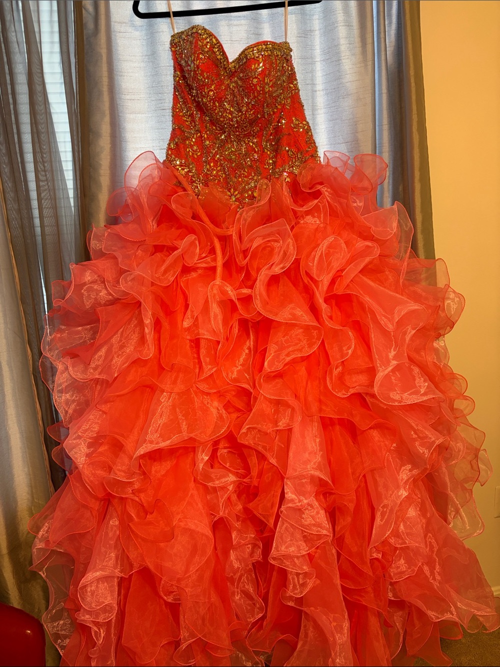 Cinderella Ruffled Organza Formal Gown in Coral